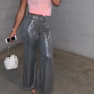 Shiny silver wide legged pants!